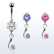 bnrz730z casted steel cz belly banana w dangling single cz 