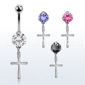 bnrz757 casted steel cz belly banana w plain small steel cross