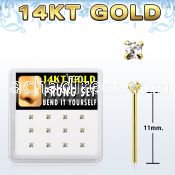box w 12 14kt gold bend it nose studs w 2mm round czs 