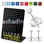 br067 silver earstud with square assorted colored crystal top