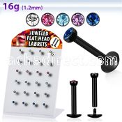 brlbkm black anodized 316l labret w jewel head thread plate