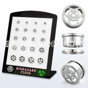 brpg143 board w steel screwfit flesh tunnel w biohazard logo