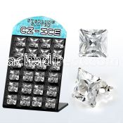 brsczsq9 silver ear stud with big clear prong set square cz stone