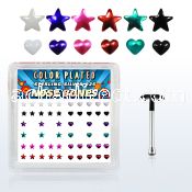 bxphs box of silver nose bone, w color plated heart star top