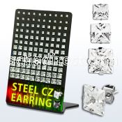 deqzg 316l steel ear stud w clear square prong cz stone