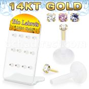 dgbizm2 bioflex labrets 14k gold push pin tops cz prong set
