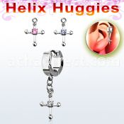 ehhz14 helix huggie w a dangling cross with a central round cz