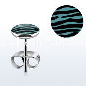 er234 pair of steel earring studs w black blue zebra logo