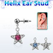 erbd12 316l steel helix ear ball stud w dangling crystal star