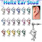 erbd13 316l steel helix ear ball stud w dangling twin dolphin