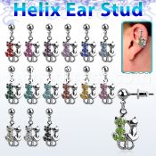 erbd1 316l steel helix ear stud ball w dangling crystal cat