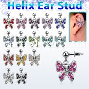erbd3 316l steel helix ear stud ball with crystal butterfly