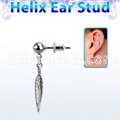 erbd583 316l steel helix ear ball stud w dangling feather