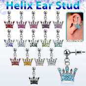 erbd5 316l steel helix ear stud ball w dangling crystal crown