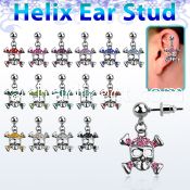 erbd8 316l steel helix ear stud ball w crystal studded skull