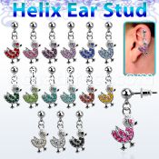 erbd9 316l steel helix ear stud ball with crystal studded duck