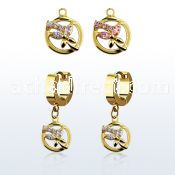 ergz520 gold steel huggies earrings w dangling circle butterfly