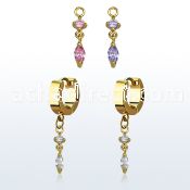 ergz522 gold steel huggies earrings w dangling oval cz