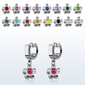 erh399 steel huggies earrings w dangling flower w a big crystal