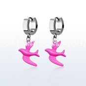 erh454 steel huggies earrings w dangling pink color bird