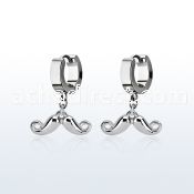 erh519 steel huggies earrings w dangling happy mustache 