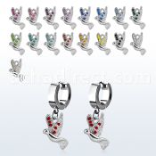 erh550 steel huggies earrings w dangling dove w tiny crystals