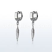 erh583 steel huggies earrings w dangling small feather