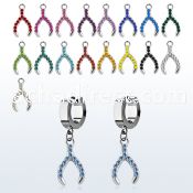 erh669 steel huggies earrings w dangling crystal wish bone