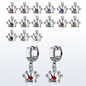erhcr2 steel huggies earrings w dangling crown w single crystal