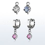 erhz10 steel huggies earrings w dangling small dolphin w cz