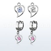 erhz17 steel huggies earrings w round cz inside heart dangling