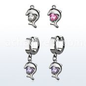 erhz300 steel huggies earrings w dangling dolphin design w cz