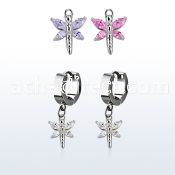 erhz349 steel huggies earrings w dangling dragonfly w cz wings
