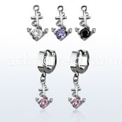 erhz371 steel huggies earrings w dangling anchor w round cz
