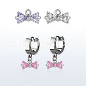 erhz408 steel huggies earrings w dangling prong set cz bow