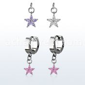 erhz413 steel huggies earrings w dangling flower w prong set cz