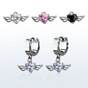 erhz586 steel huggies earrings w dangling heart shaped cz w wing