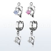 erhz7 steel huggies earrings w dangling dolphin w round cz