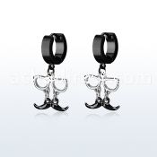 erk507 black steel huggies earrings w dangling black mustache