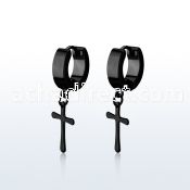 erkcrs black steel huggies earrings w dangling plain cross