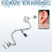 erzdld10 steel slave ear stud w prong cz w dangling tear drop