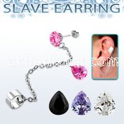 erzdld14 steel slave ear stud w prong cz w dangling pear cz