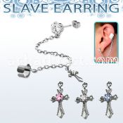 erzdld6 steel slave ear stud w prong cz w dangling cross w cz