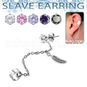 erzdld9 steel slave ear stud w prong cz w dangling feather