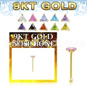 g9nbtm1 9kt gold nose bone 22g w 3mm prong set triangle cz