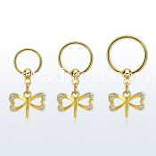 gold steel ball closure ring 16g w dangling dragonfly