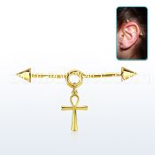 gold steel industrial loop barbell w cone & ankh cross