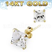 gzq6 pair of 14kt gold ear studs with 6mm prong set cz stone