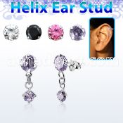 hexzd37 silver helix ear stud w dangling 3mm round prongset cz 