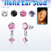 hexzd38 silver helix ear stud w dangling 3mm square prongset cz 